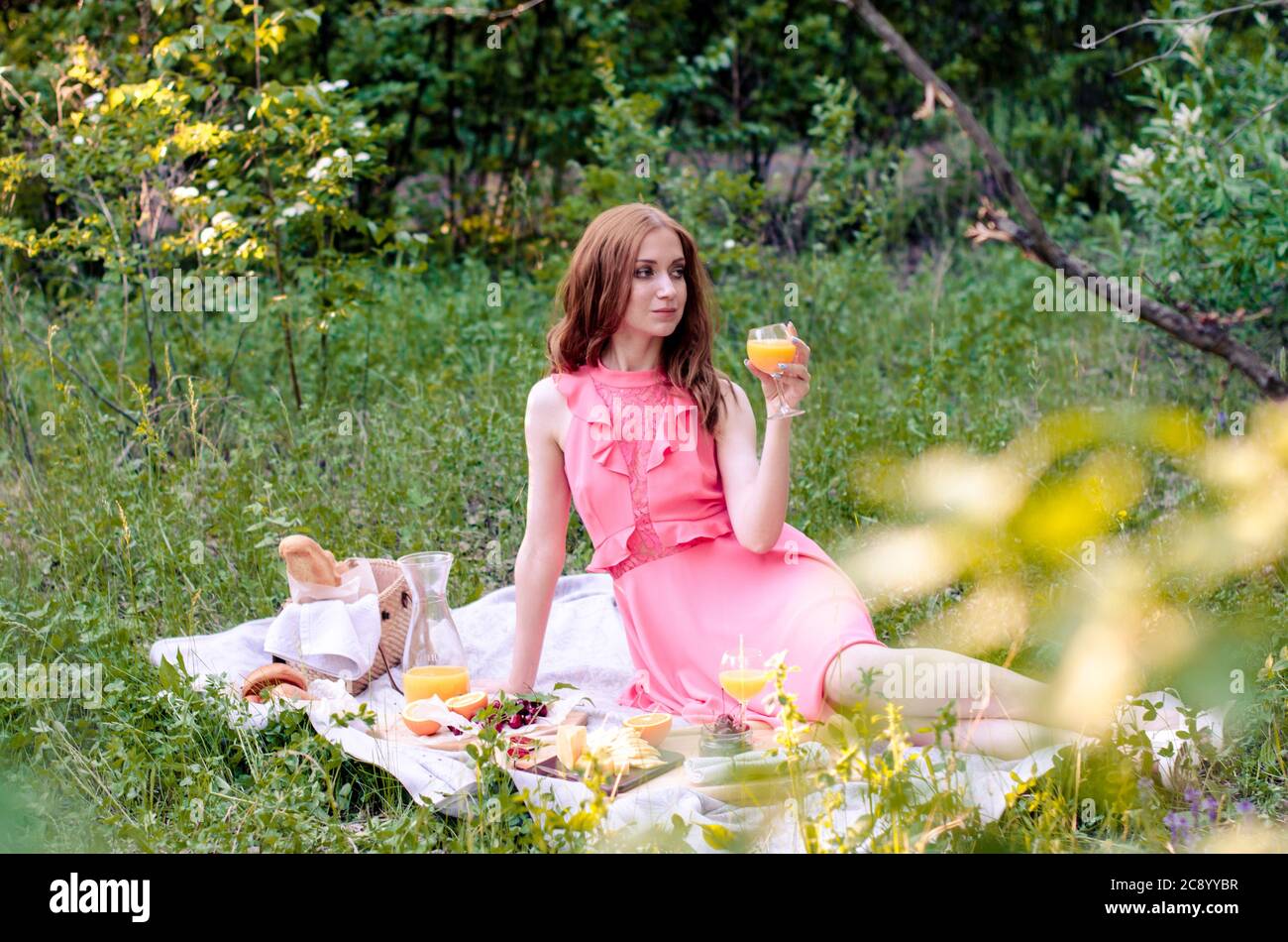 Ziemlich junge Rotschopf Mädchen in rosa Kleid mit Sommer Picknick im Park. Sonniger Tag Stockfoto