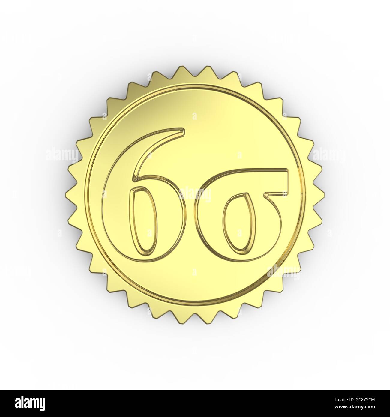 Goldenes Qualitätszeichen mit einem Six Sigma-Symbol auf weißem Hintergrund Stockfoto