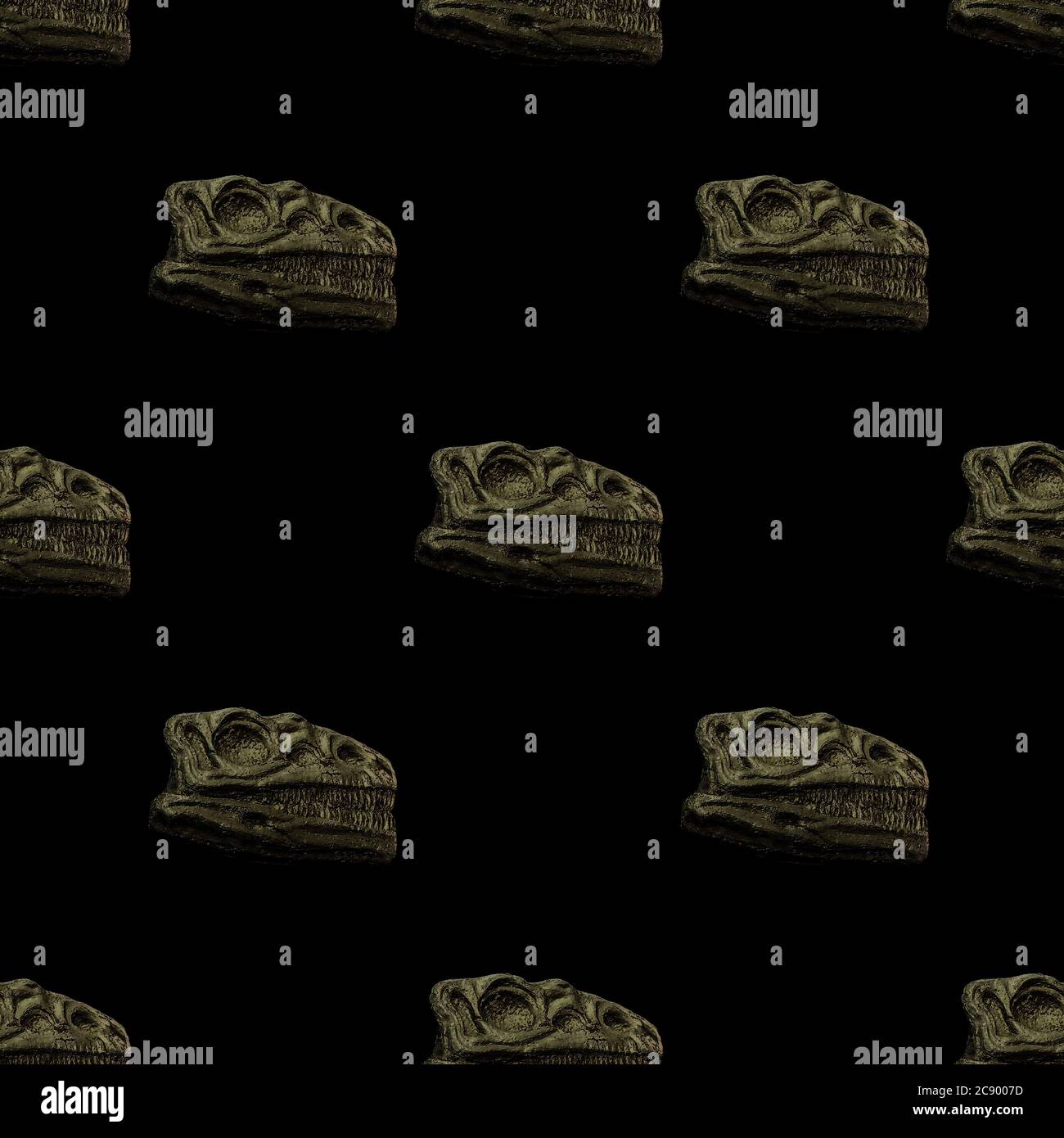Dinosaurier Kopf Skelett Motiv gruselig nahtlose Muster Design in dunkel Grau auf schwarzem Hintergrund Stockfoto