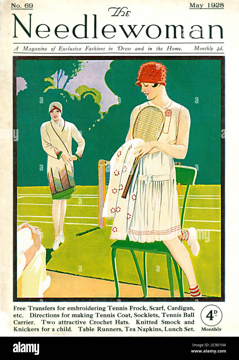 Needlewoman Tennis, 1928 Cover der monatlichen Zeitschrift für die Herstellung von Kleidung zu Hause, mit dem Frühsommer Schwerpunkt auf Rasen Tennis Mode und Ausrüstung Stockfoto