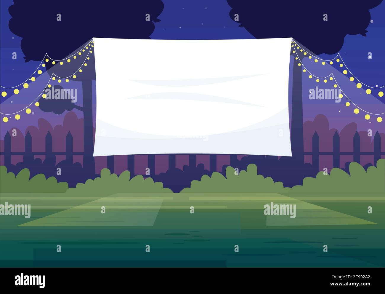Festliche halbflache Vektorgrafik für Kinoleinwand im Freien. Open Air dekorierten Ort mit Laternen. Filmpremiere draußen. Öffentlicher Park. Outdoor-Kino Stock Vektor