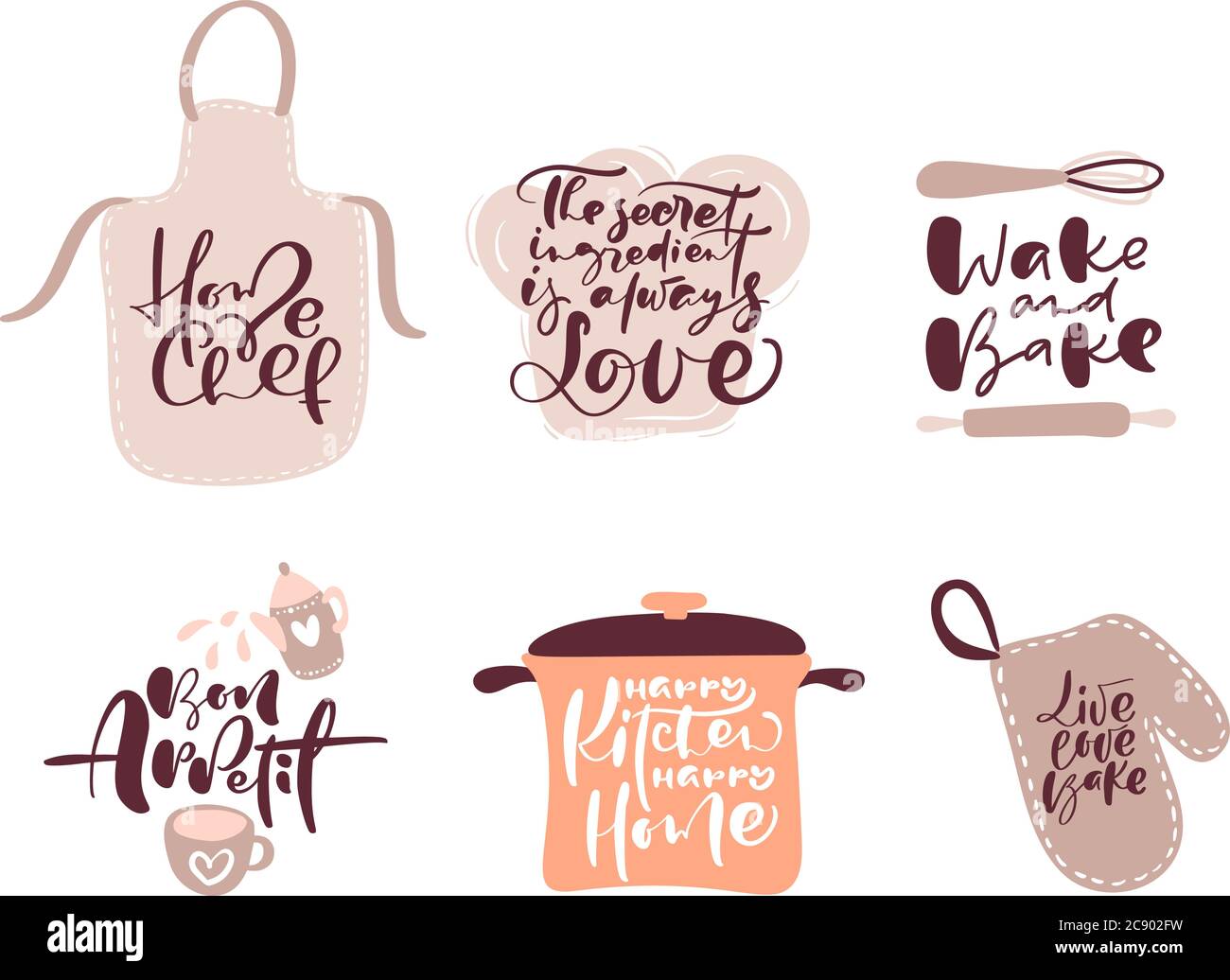 Set Kochen Kalligraphie Schrift Vektor Zitate und Küche Artikel Logo für Lebensmittel Blog. Hand gezeichnet niedlichen Zitat Design Kochen Element. Für das Restaurant Stock Vektor