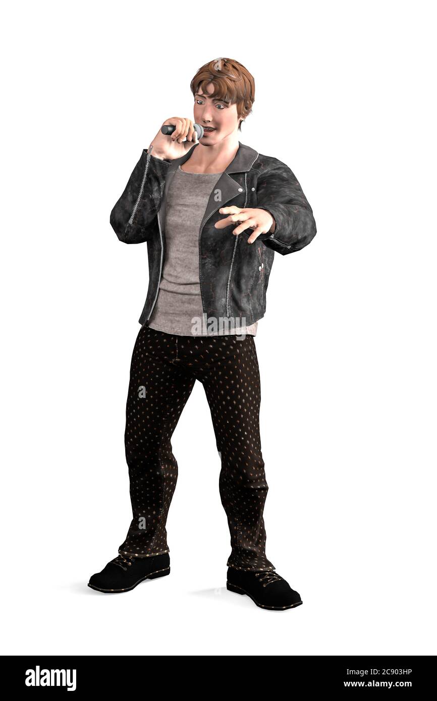 Ein junger Mann in schwarzem Leder steht und singt in ein Mikrofon - isoliert auf weißem Hintergrund - 3D Illustration Stockfoto Ein junger Mann in schwarzem Leder steht und singt in ein Mikrofon - isoliert auf weißem Hintergrund - 3D Illustration Stockfoto