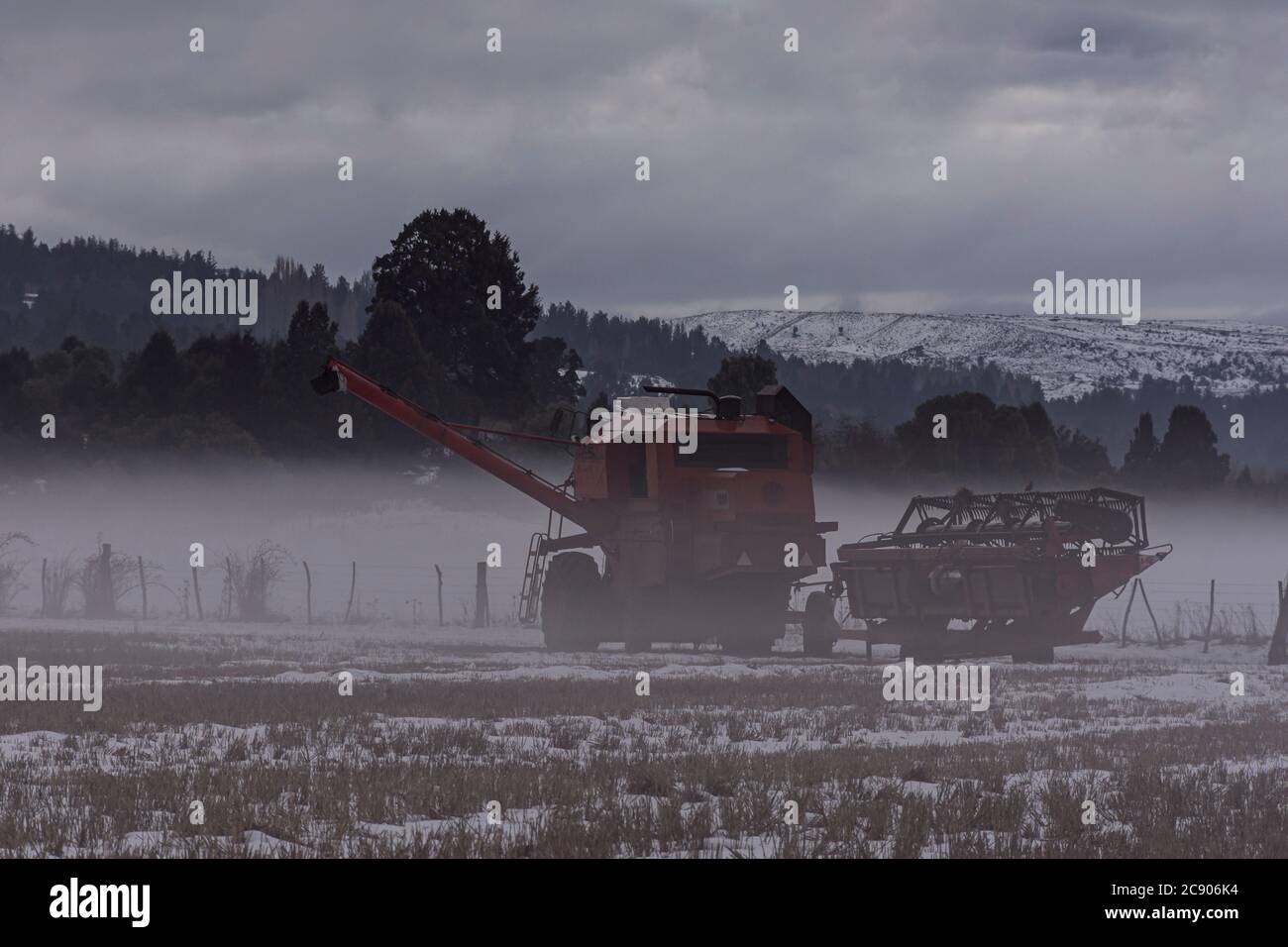 Harvester Maschine auf einem verschneiten Feld umgeben von Nebel während der Wintersaison in Patagonien, Argentinien Stockfoto