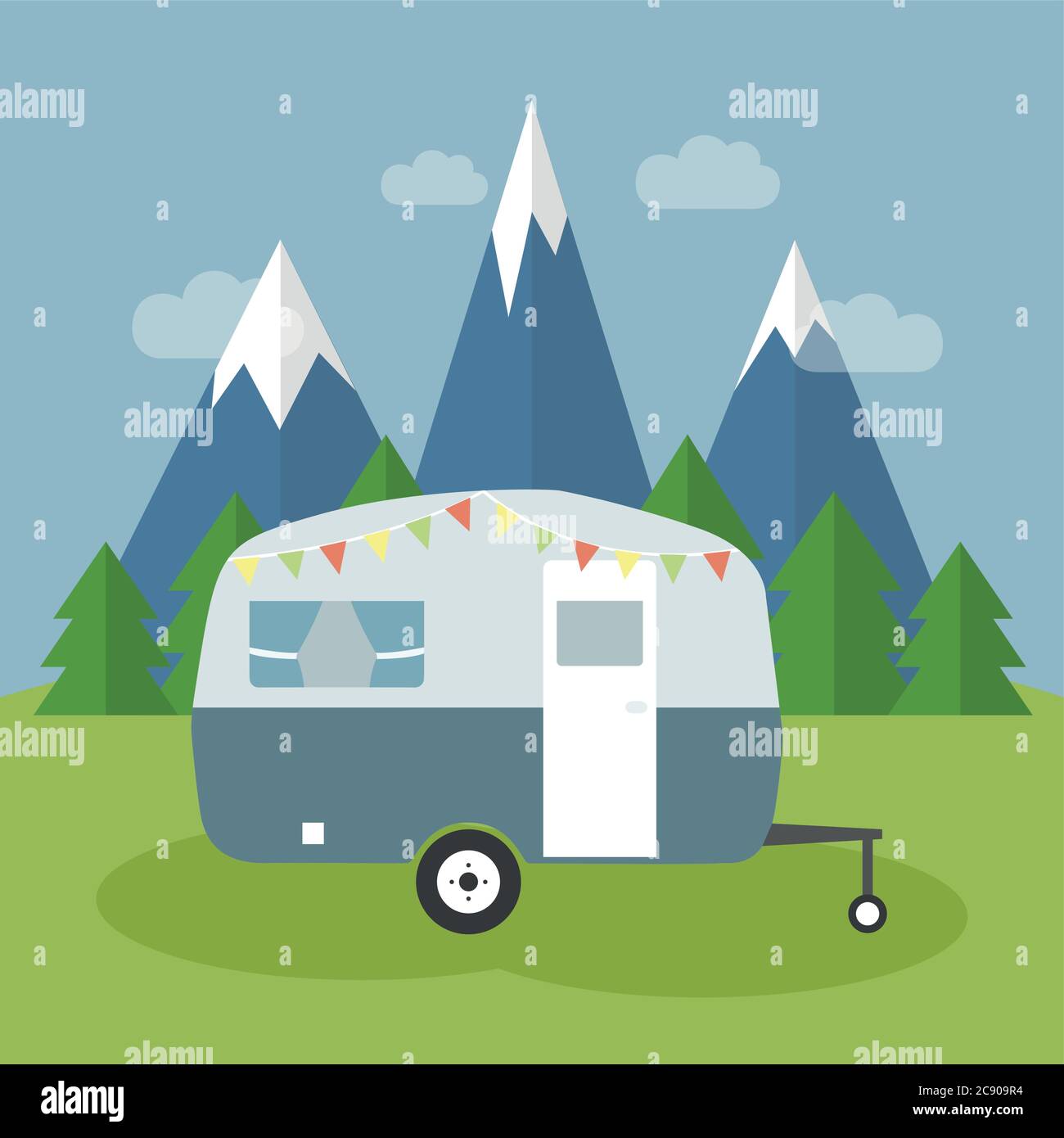 Camper in der Natur durch verschneite Berge und Wald Ansicht Vektor Illustration EPS10 Stock Vektor