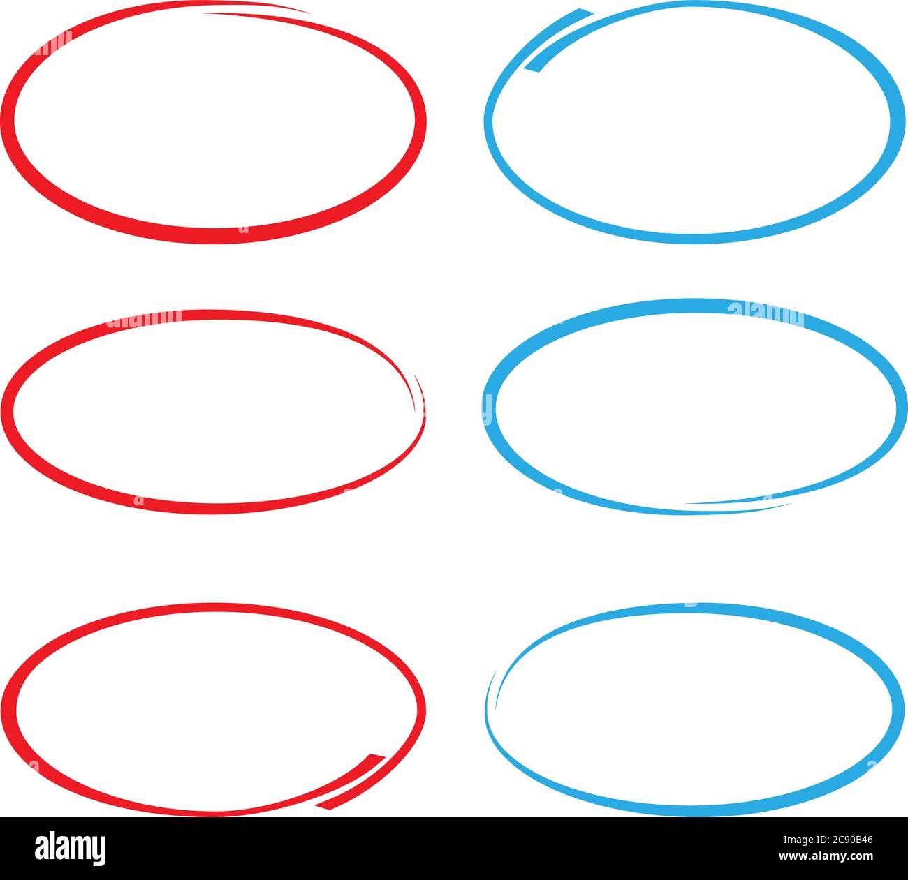 Rote und blaue kreisförmige Kritzeleien oder gezeichnete Kreise zur Markierung isoliert auf weißer Vektorgrafik Stock Vektor