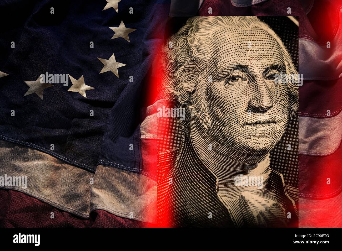 George Washington gegen amerikanische Flagge Stockfoto