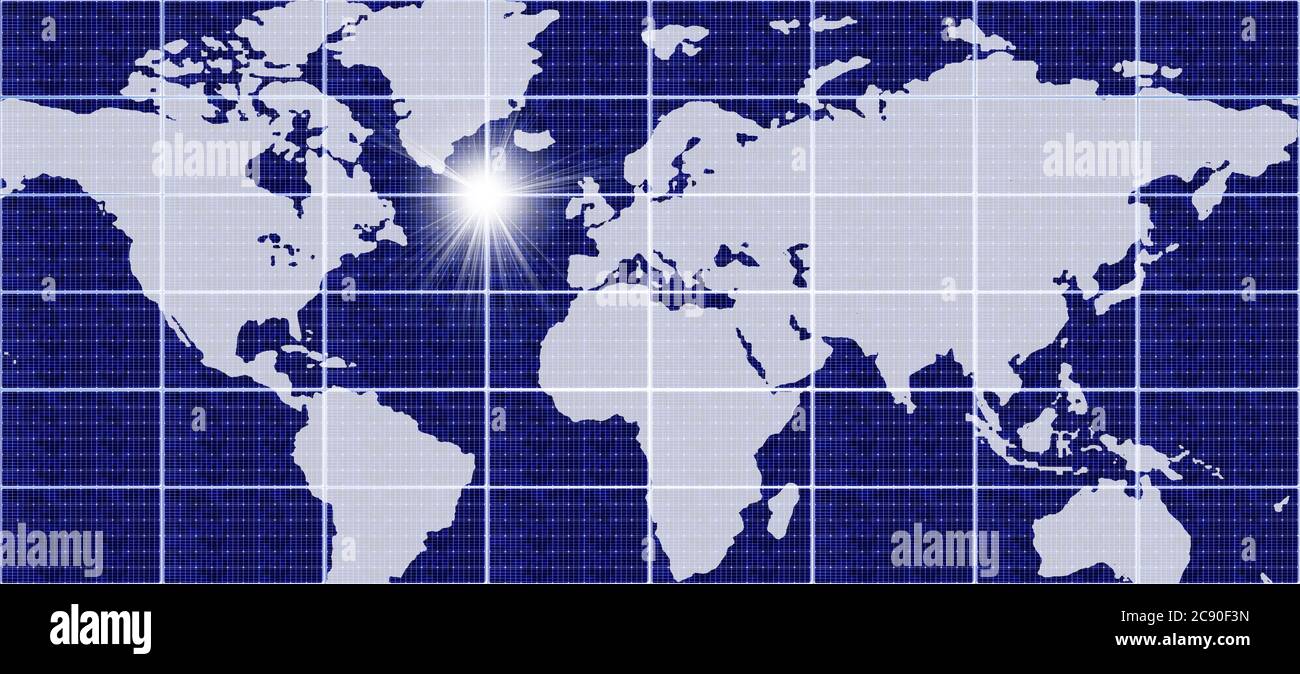 Weltkarte mit Raster und Sonne Stockfoto