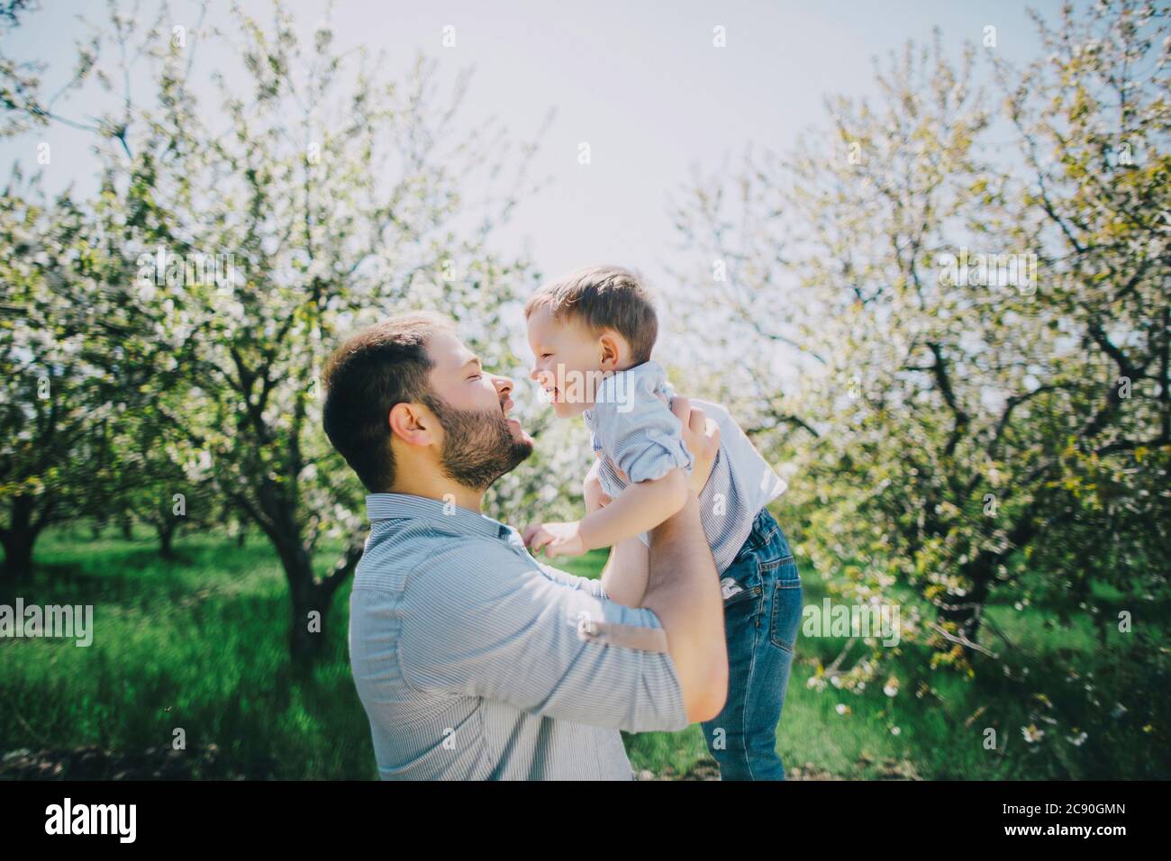 Vater mit Sohn (2-3) im Obstgarten Stockfoto