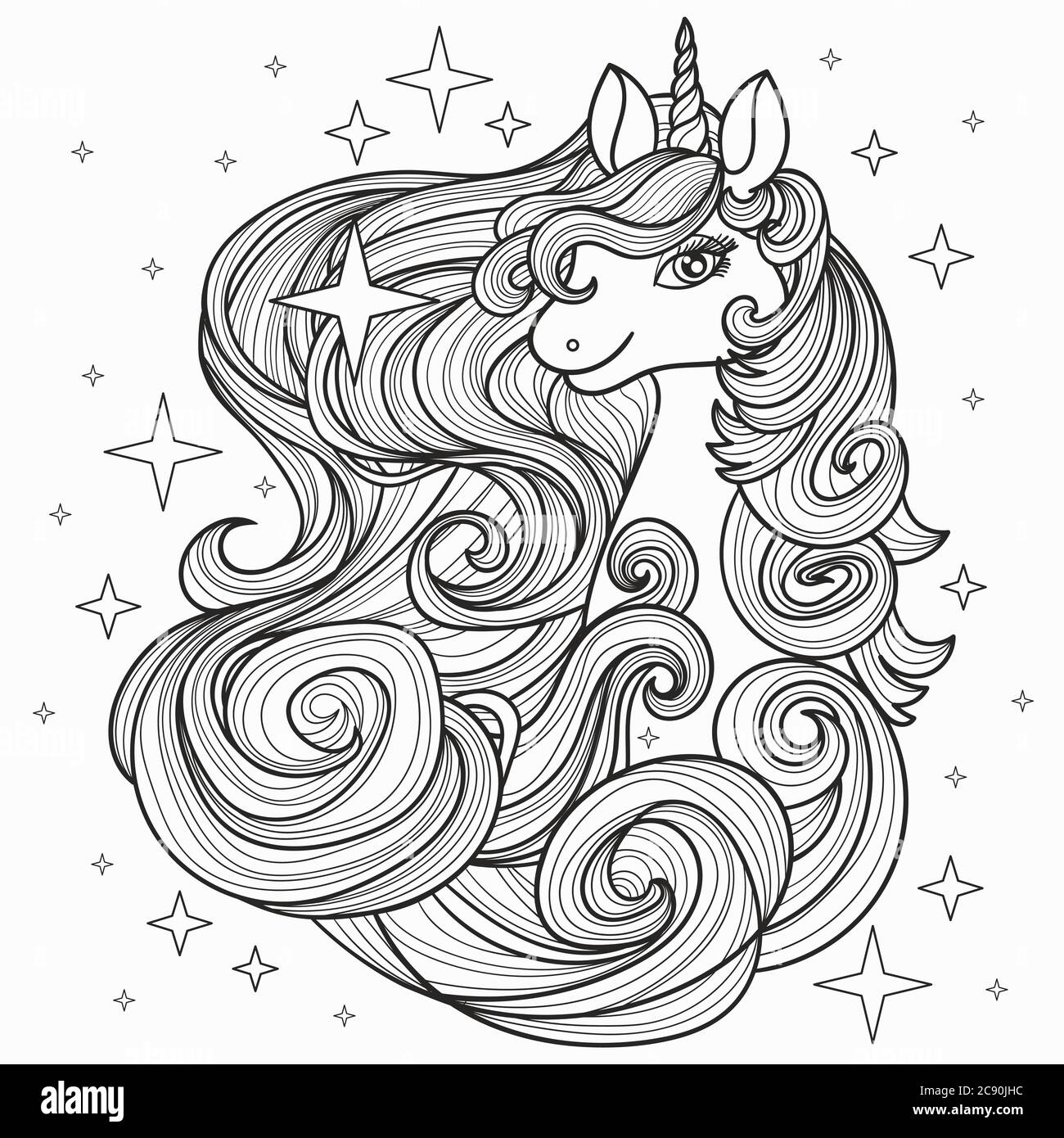 Einhorn mit einer langen Mähne, handgezeichnete Vektor-Linie Illustration für Tattoo, Malbuch, Postkarte, Druck. Stock Vektor
