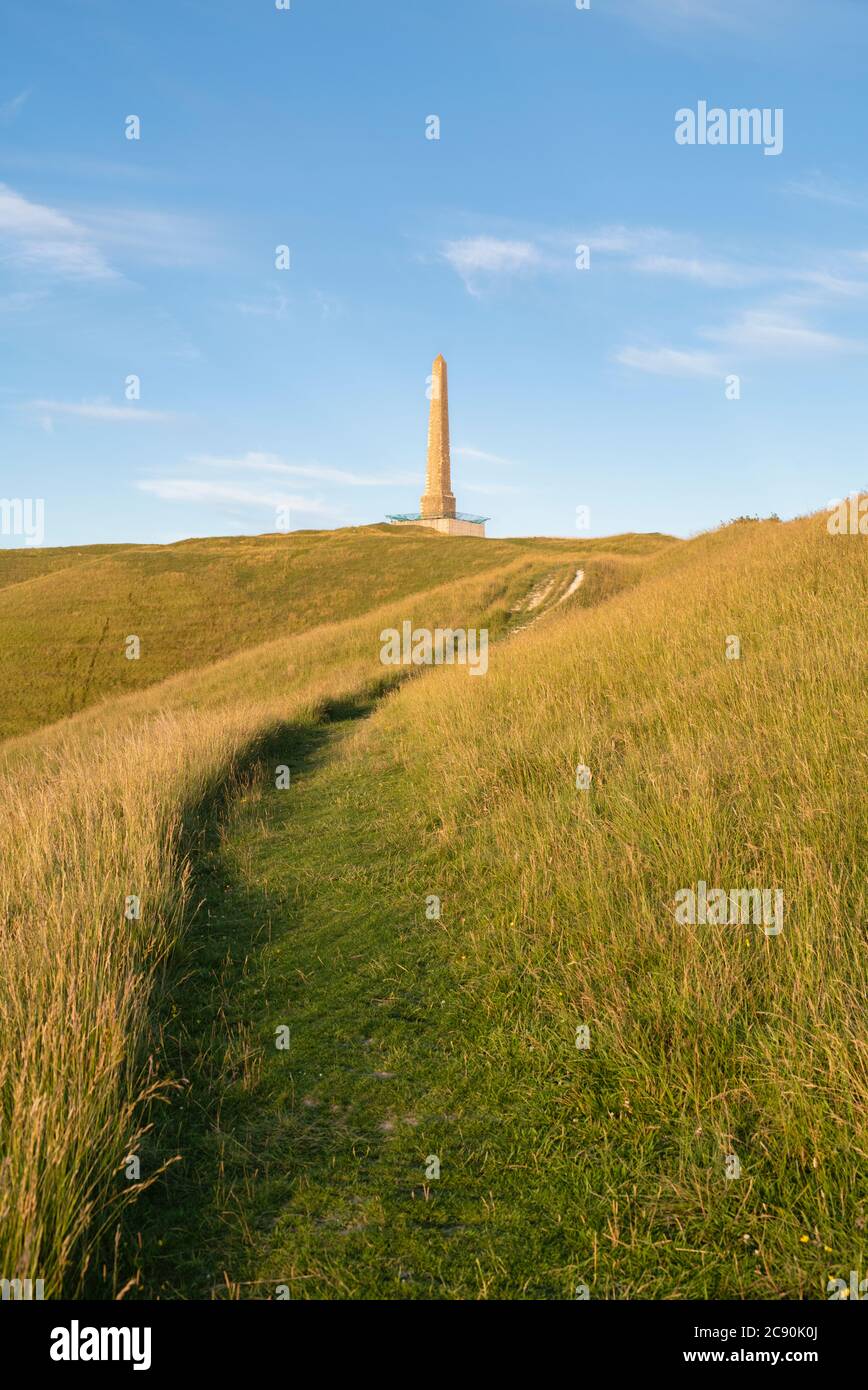 Lansdowne Monument nisten zum Cherhill White Horse bei Sonnenuntergang. Cherhill Down, Calne, Wiltshire, England Stockfoto