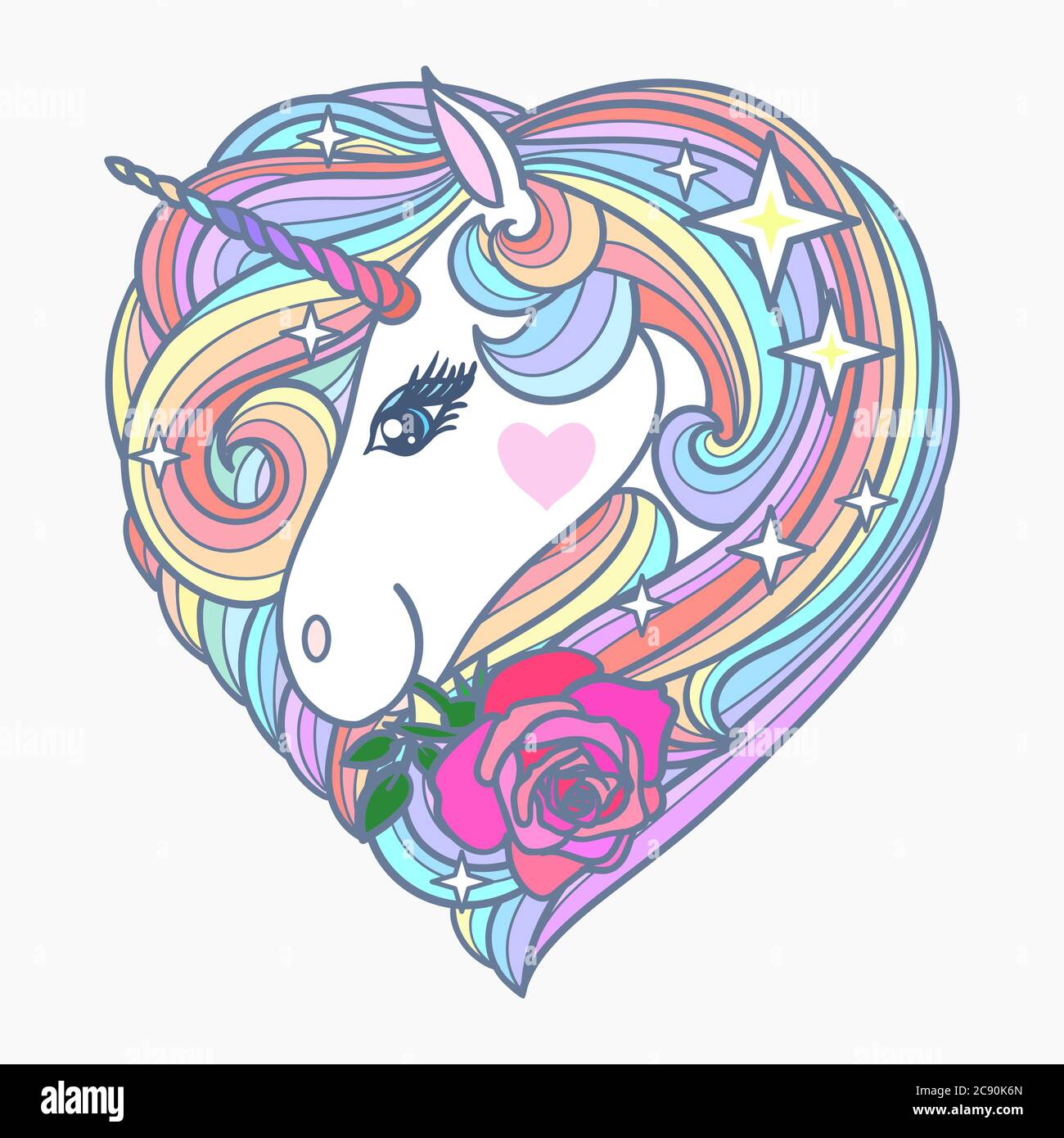 Schönes Einhorn mit Regenbogenmähe und Rose. Stilisiert in Form eines Herzens. Für die Gestaltung von Drucken, Plakaten, Tattoos und so weiter. Vektor-Abb. Stock Vektor