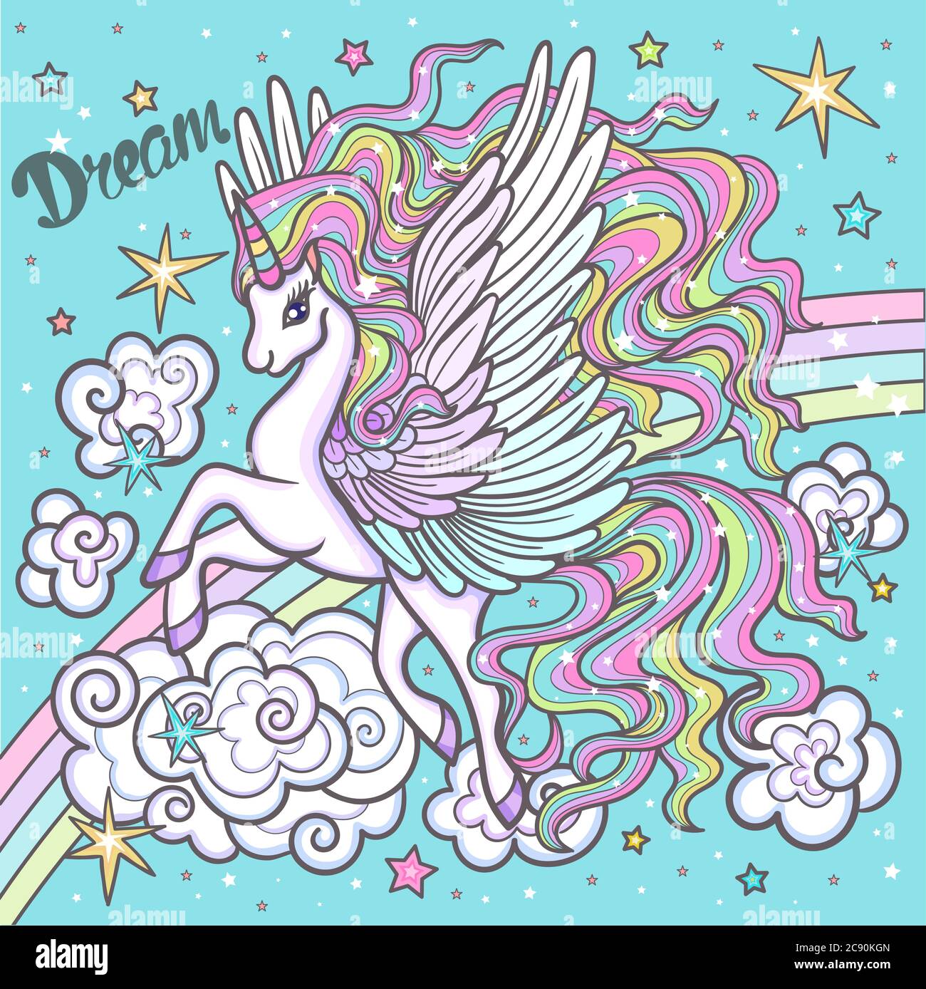 Traum. Weißes Einhorn mit Regenbogenmähe. Fantasy-Tier. Für Kinder-Design-Drucke, Poster, Aufkleber. Vektorgrafik Stock Vektor