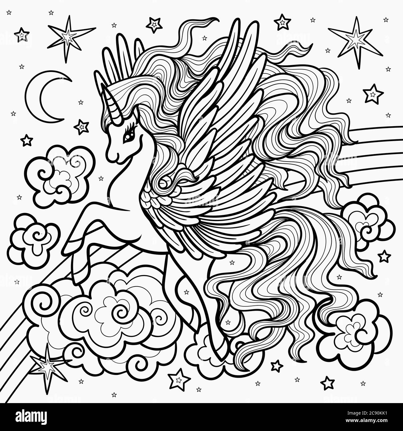 Schönes, geflügeltes Einhorn auf einem Regenbogen. Schwarz-Weiß-Illustration für die Färbung. Für die Gestaltung von Drucken, Plakaten, Tattoos, etc.Vektor Stock Vektor