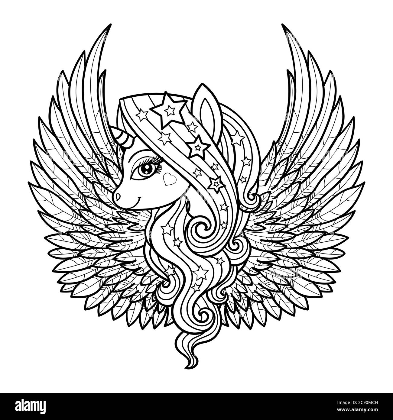 Einhorn mit Flügeln. Schwarz und Weiß. Doodle-Stil. Für die Gestaltung von Drucken, Plakaten, Tattoos, Malbücher. Vektorgrafik. Stock Vektor