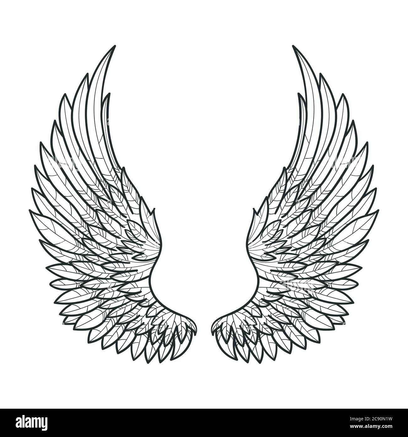 Ein Paar Vogelflügel. Von Hand gezeichnet. Schwarz und Weiß. Für Drucke. Poster, Tattoos. Vektor Stock Vektor