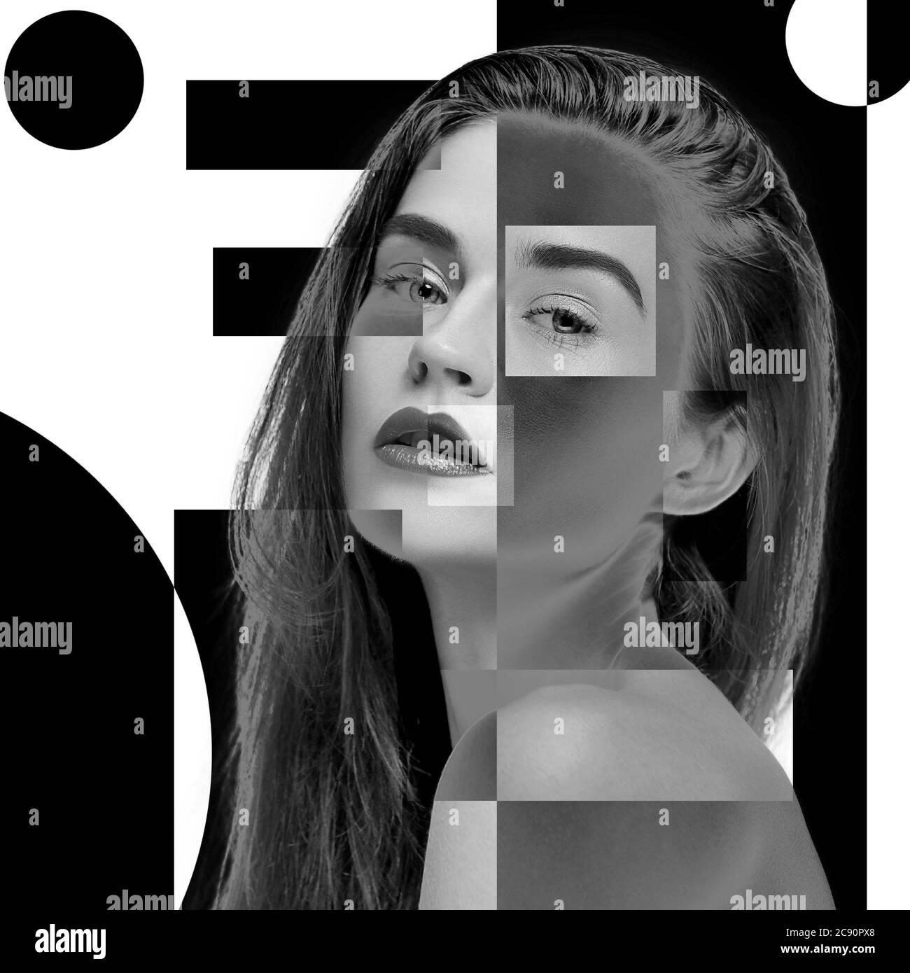 surreales portrat der frau aus verschiedenen stucken von fotos kunstcollage spiegelbild durchdachte geschaftige gespaltene personlichkeit psychische gesundheit tagliche routine zeitgenossische kunst collage emotionen gefuhle stockfotografie
