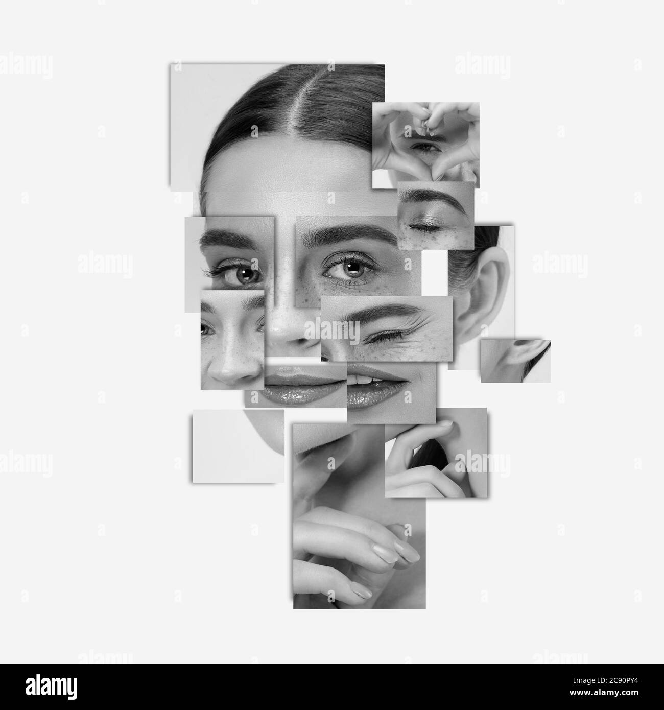 surreales portrat der frau aus verschiedenen stucken von fotos kunstcollage spiegelbild durchdachte geschaftige gespaltene personlichkeit psychische gesundheit tagliche routine zeitgenossische kunst collage emotionen gefuhle stockfotografie