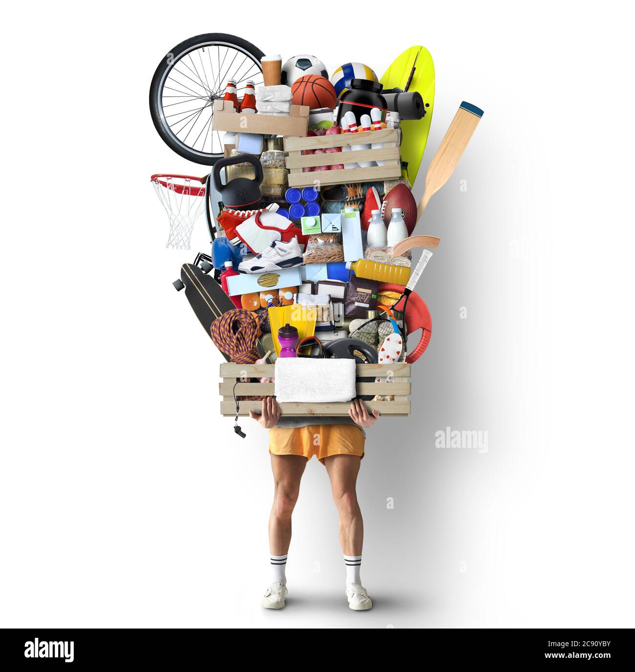 Gesundes Lifestyle-Konzept, hält ein Mann eine Box mit vegetarischen Produkten und Sportgeräten Stockfoto