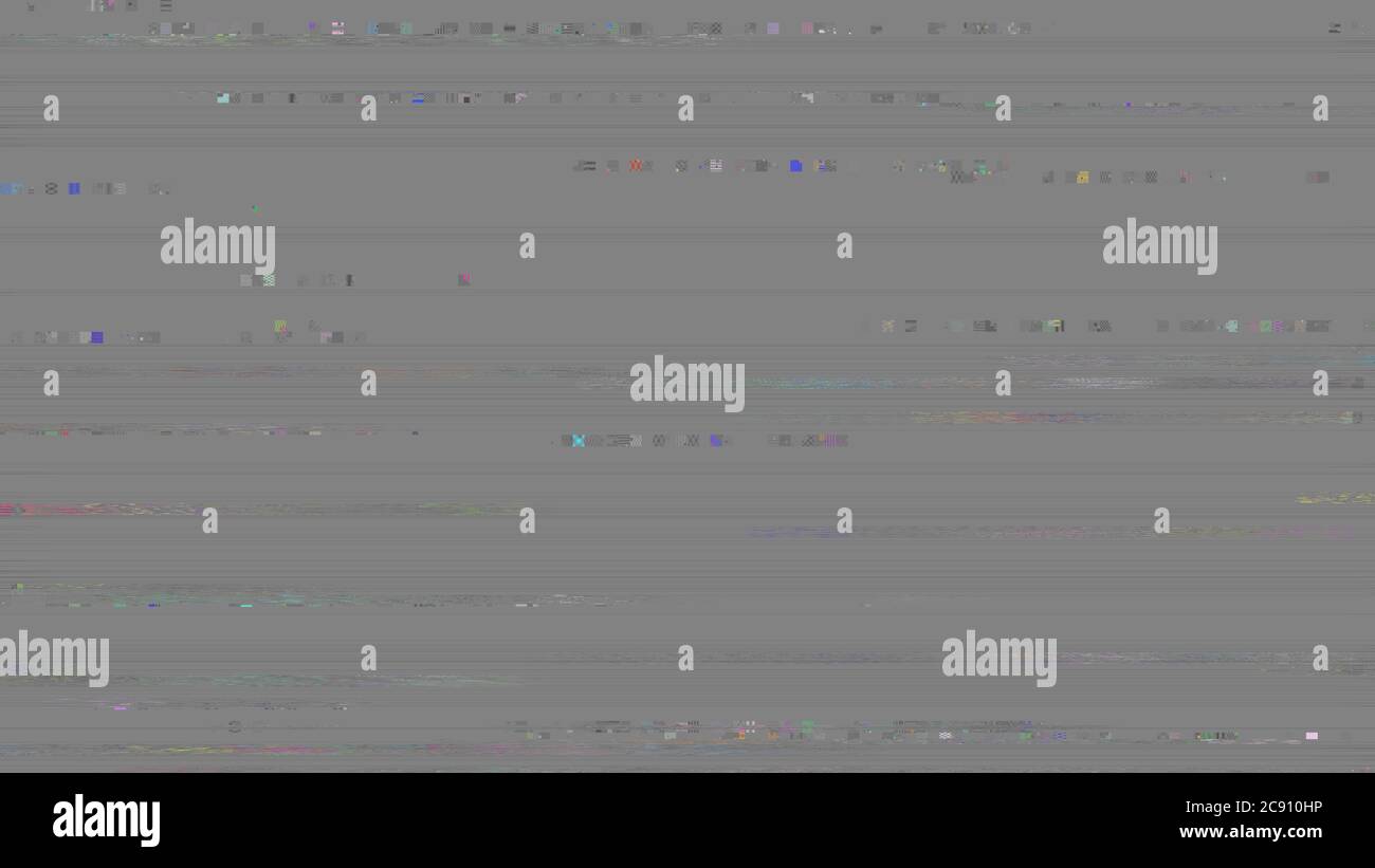 Verzerrung des gebrochenen Videobildes auf schwarzem Hintergrund, VHS-Effekt, Störung digitales Farbpixelrauschen. Stock abstrakte Pixel Hintergrund Glitch Textur Stockfoto