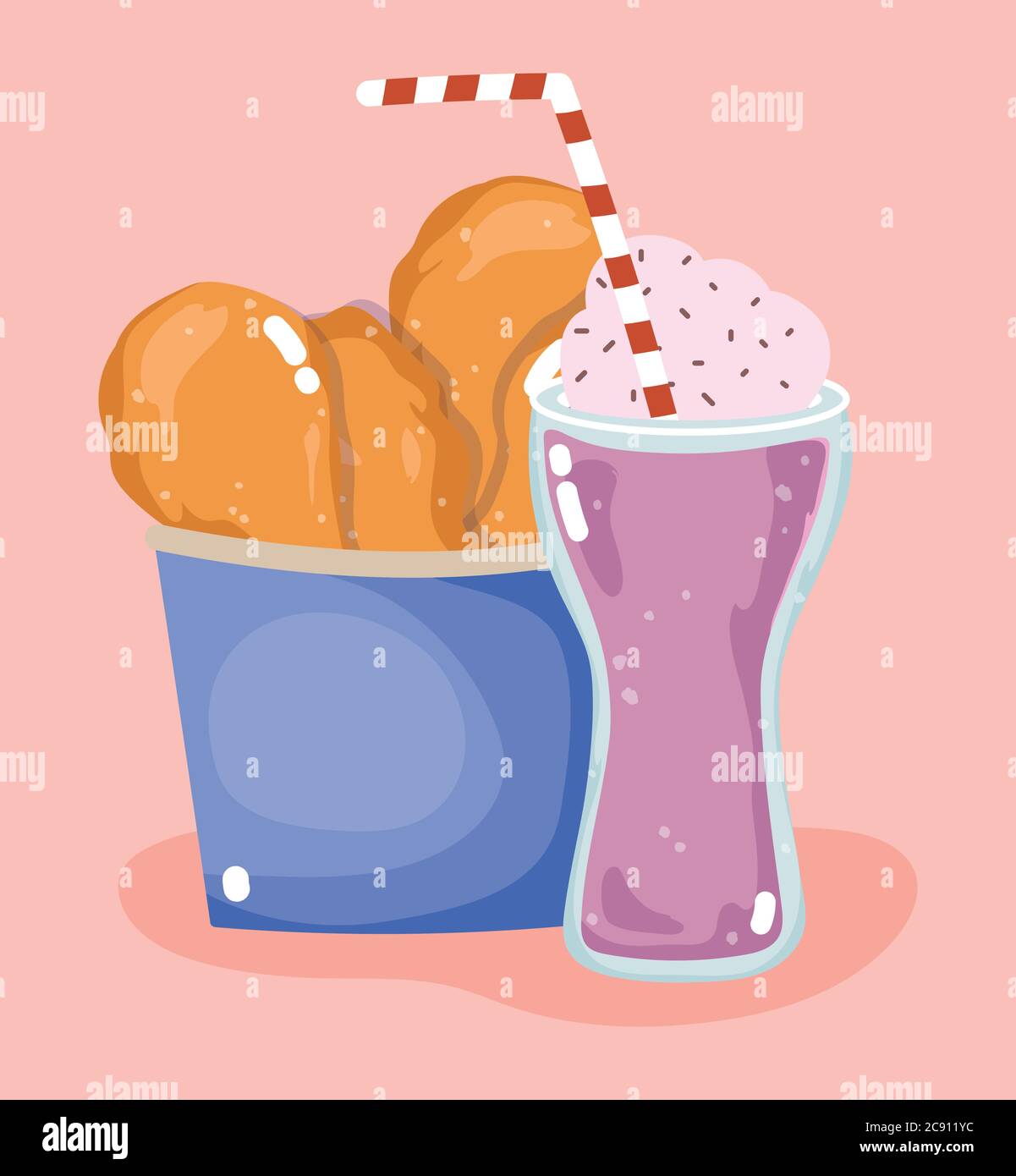 Fast Food lecker Abendessen Menü Restaurant gebratenes Huhn in Box und Milchshake Vektor Illustration Stock Vektor