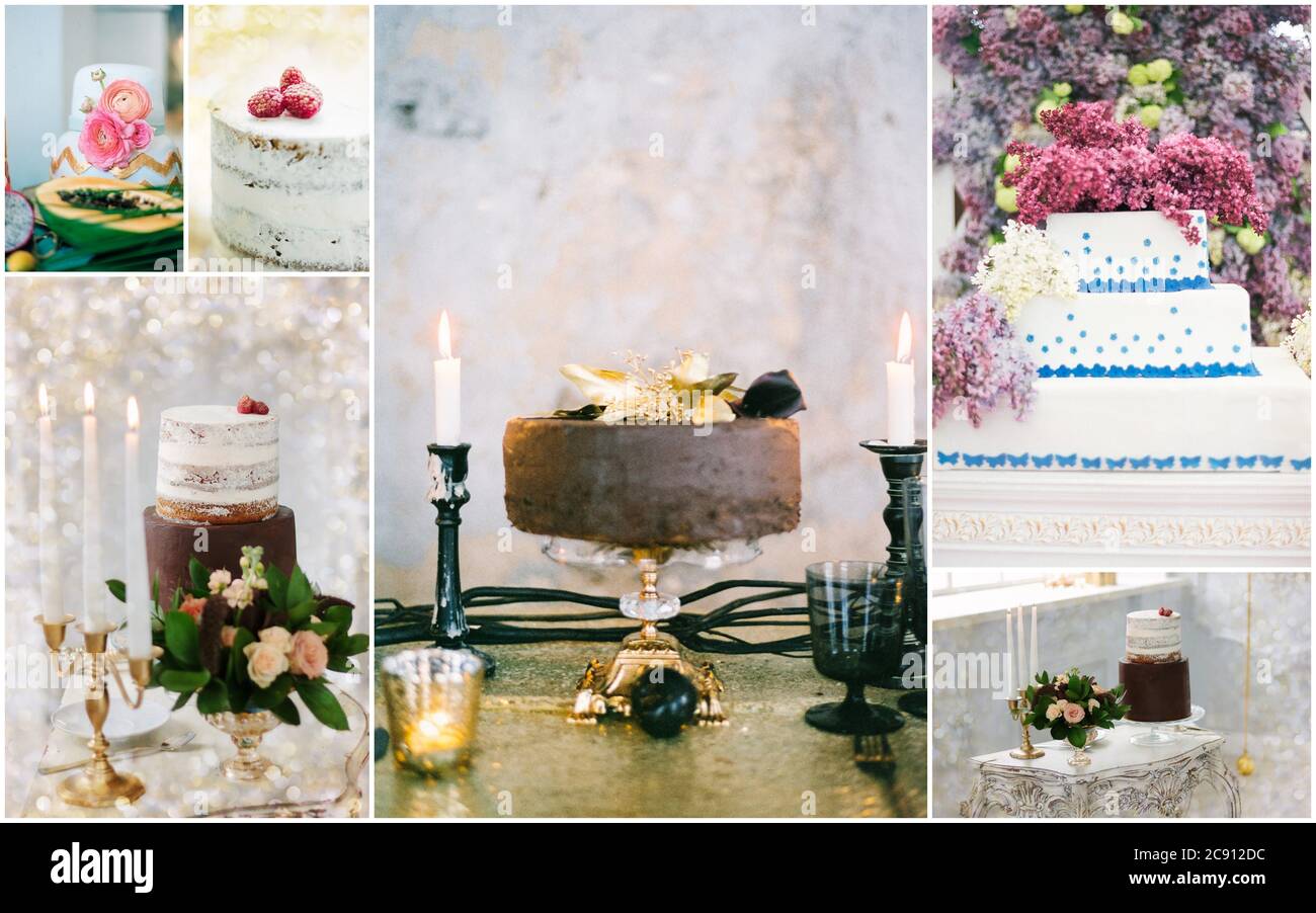 Collage ungewöhnlicher und schöner Hochzeitskuchen Stockfoto