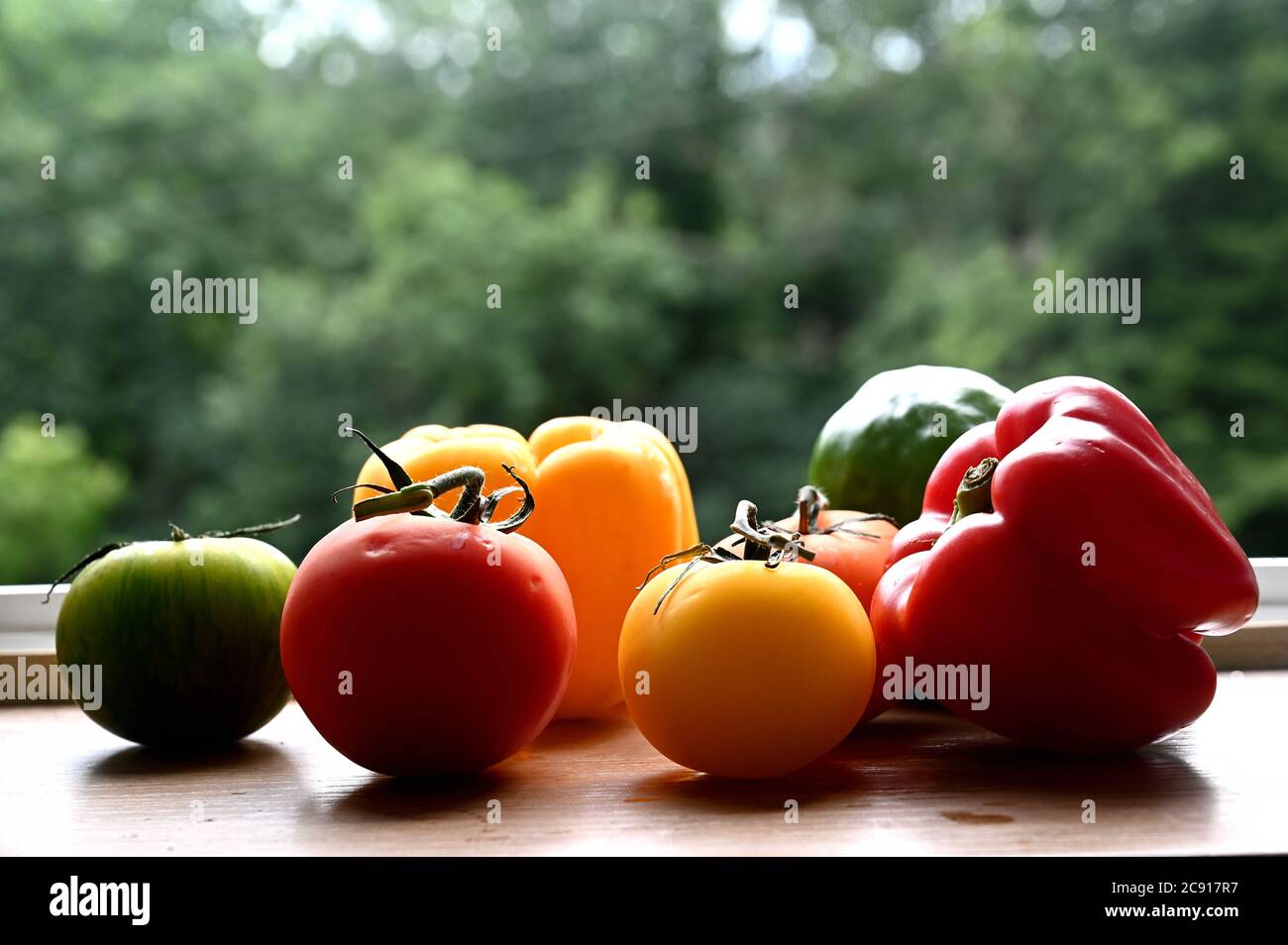 Gelbe, rote und grüne Paprika und Tomaten. Bokeh Stockfoto