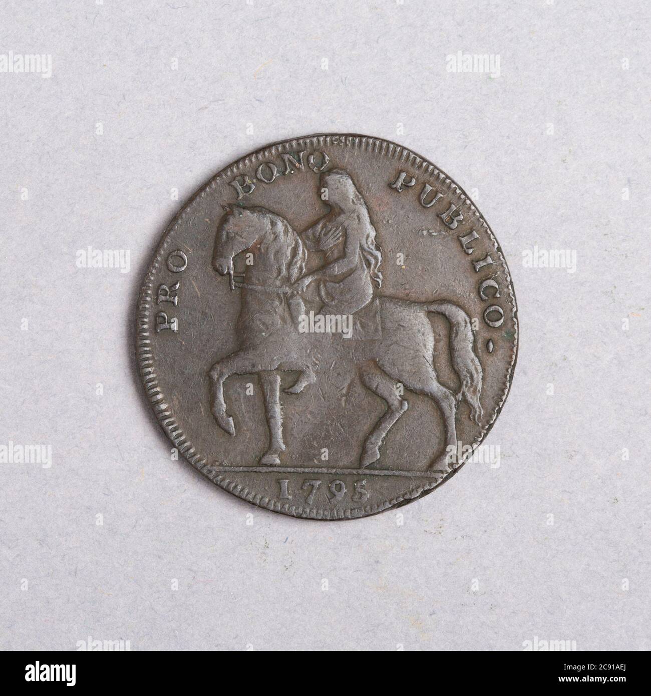 Halfpenny-Marke aus Coventry, zeigt Lady Godiva zu Pferd, 1795. 'Pro Bono Publico' Stockfoto