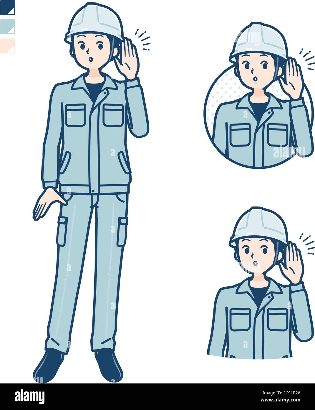 Ein Mann trägt Arbeitskleidung mit Hörbildern. Es ist Vektorgrafik, so dass es einfach zu bearbeiten ist. Stock Vektor