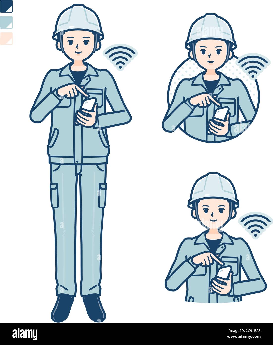 Ein Mann trägt Arbeitskleidung mit Bedienung Smartphone Bilder. Es ist Vektorgrafik, so dass es einfach zu bearbeiten ist. Stock Vektor