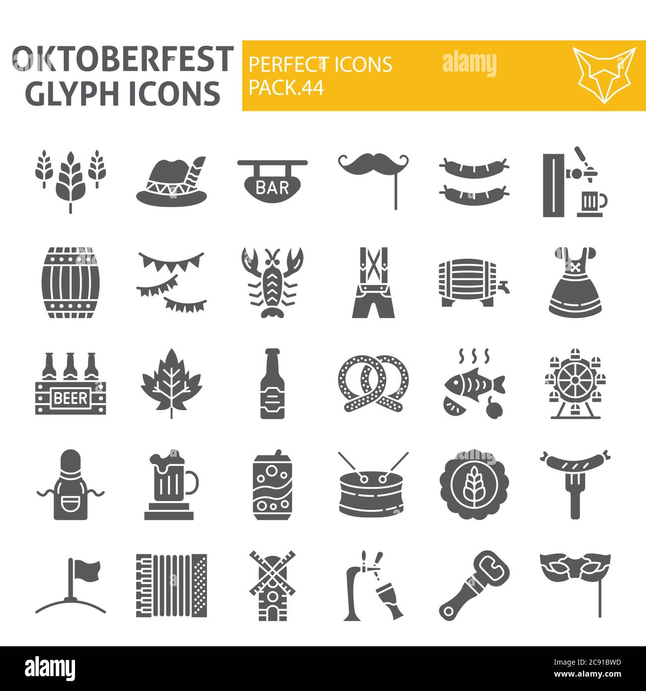 Oktoberfest Glyphe Icon Set, bayerische Urlaubssymbole Kollektion, Vektorskizzen, Logo Illustrationen, Bier Zeichen solide Piktogramme Paket isoliert auf Stock Vektor