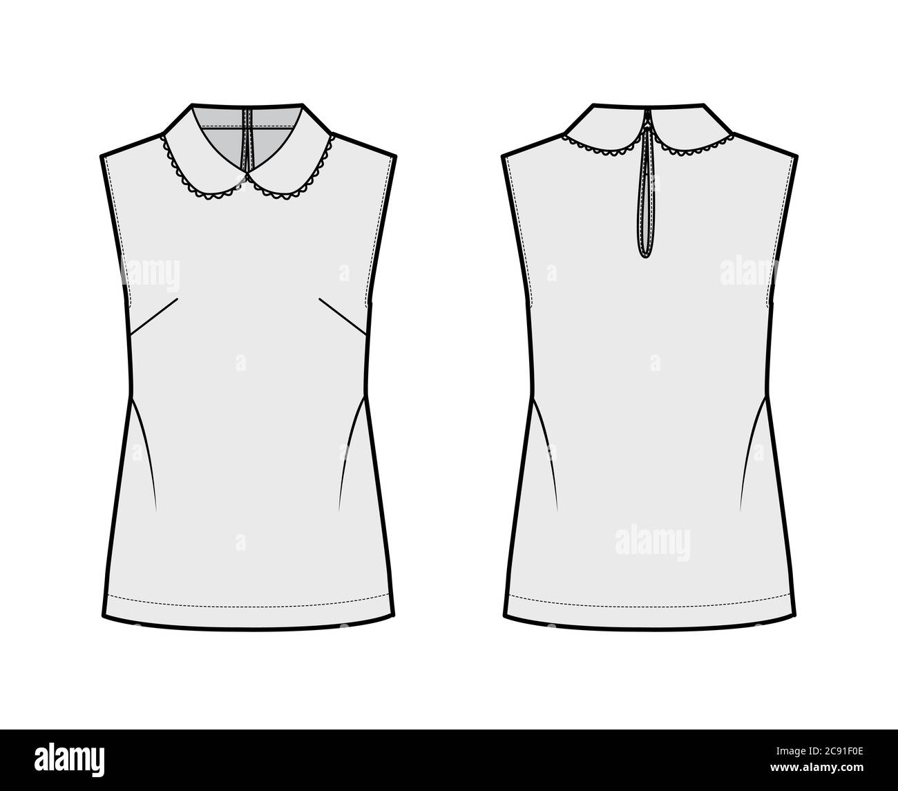 Bluse technische Mode-Illustration mit loser Silhouette, ärmellos, Rundkragen mit Muschelspitze verziert. Flat Shirt Bekleidung Vorlage vorne hinten grau Farbe. Damen, Herren Unisex TOP CAD Mockup Stock Vektor