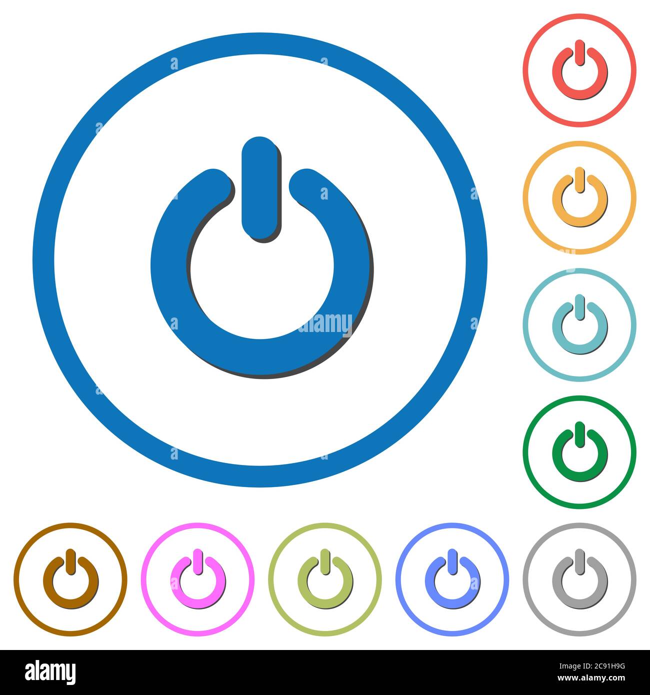 Schalten Sie flache Farbvektorsymbole mit Schatten in runden Umrissen auf weißem Hintergrund ein Stock Vektor