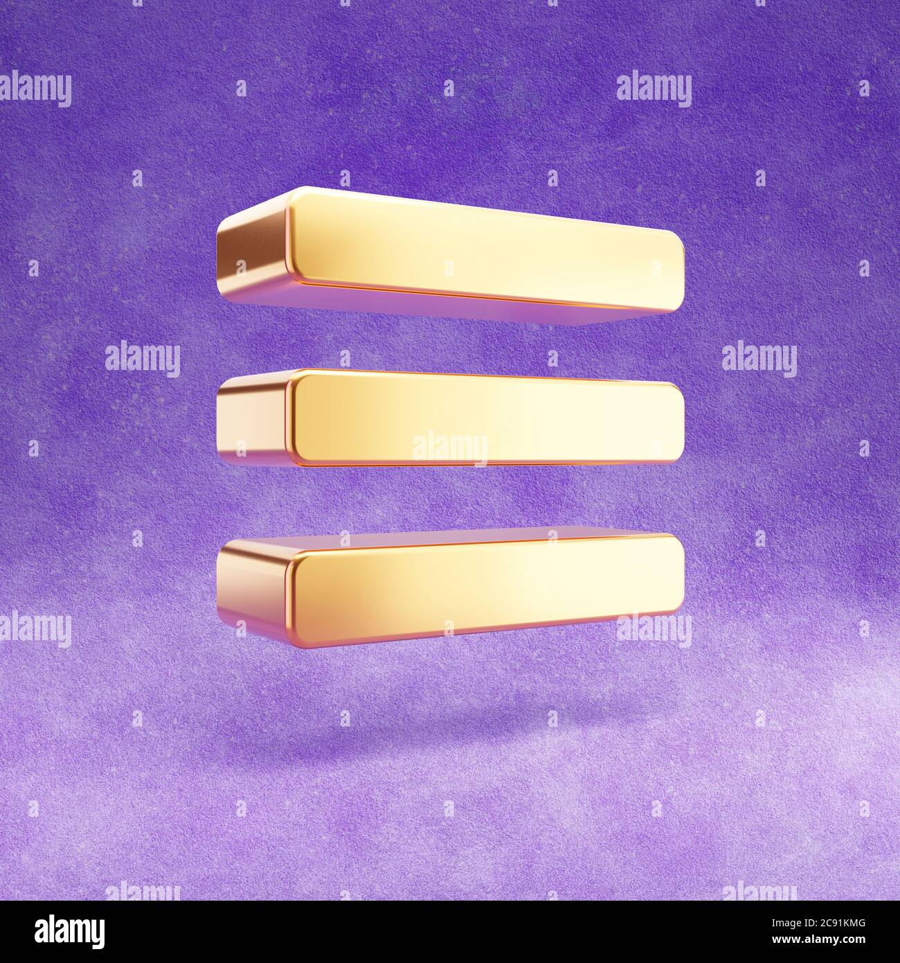 Burger-Menü-Symbol. Goldenes, glänzendes Burger-Menüsymbol auf violettem Samthintergrund isoliert. Modernes Icon für Website, Social Media, Präsentation, Design Template Element. 3D-Rendering. Stockfoto