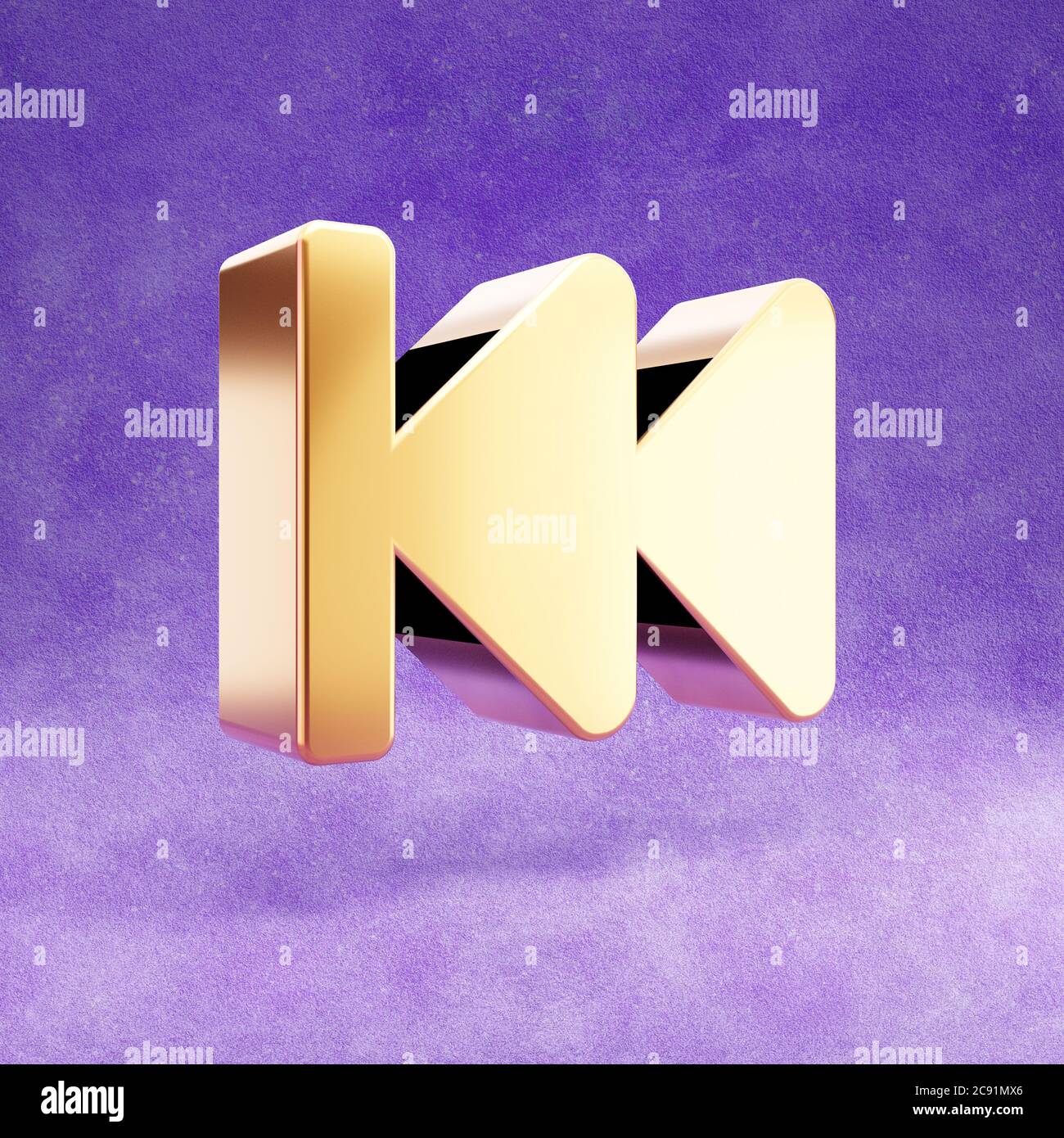 Symbol für schnellen Rücklauf. Gold glänzend schnell rückwärts Symbol isoliert auf violettem Samt Hintergrund. Modernes Icon für Website, Social Media, Präsentation, Design Template Element. 3D-Rendering. Stockfoto
