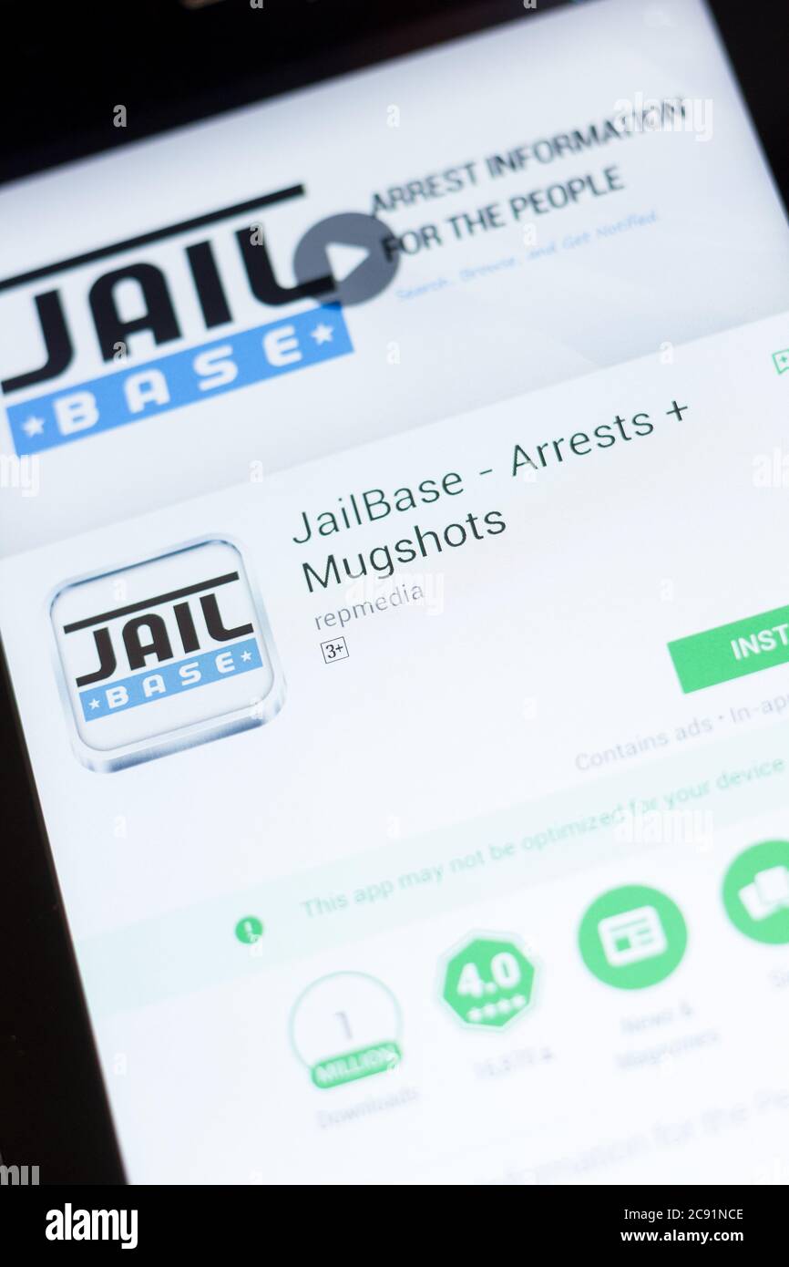 Rjasan, Russland - 24. Juni 2018: JailBase Verhaftungen und Mugshots mobile App auf dem Display des Tablet-PC Stockfoto