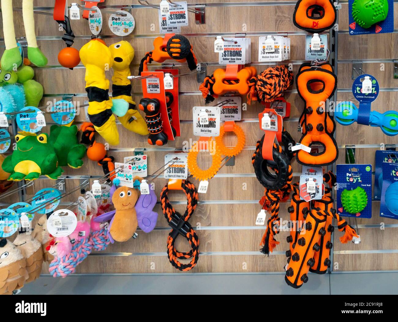 Eine Ausstellung von bunten Hundespielzeug zum Verkauf in einem Gartencenter Stockfoto