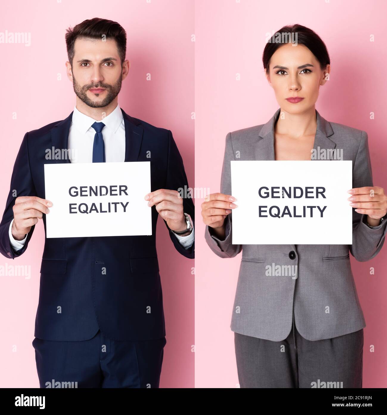 Collage von Geschäftsfrau und Geschäftsfrau mit Plakaten mit Schriftzügen für Geschlechtergleichstellung auf rosa Stockfoto