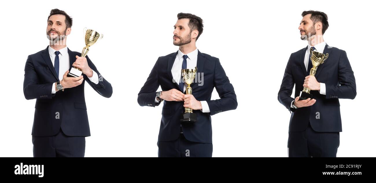 Collage von schönen Geschäftsmann in formeller Kleidung mit goldenen Trophäe isoliert auf weiß Stockfoto