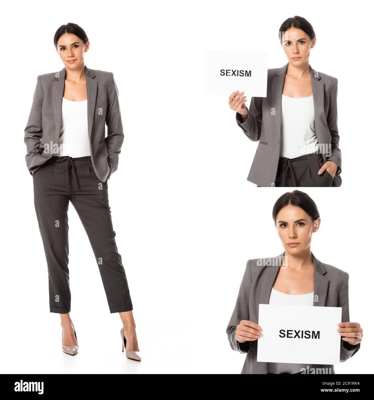 Collage von Geschäftsfrau mit Plakat mit Sexismus-Schriftzug, während sie mit Händen in Taschen auf weiß isoliert steht Stockfoto