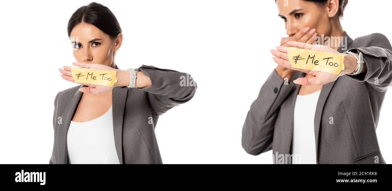 Collage von Geschäftsfrau mit mir zu Schriftzug auf Hand deckenden Mund isoliert auf weiß, Gender Ungleichheit Konzept Stockfoto