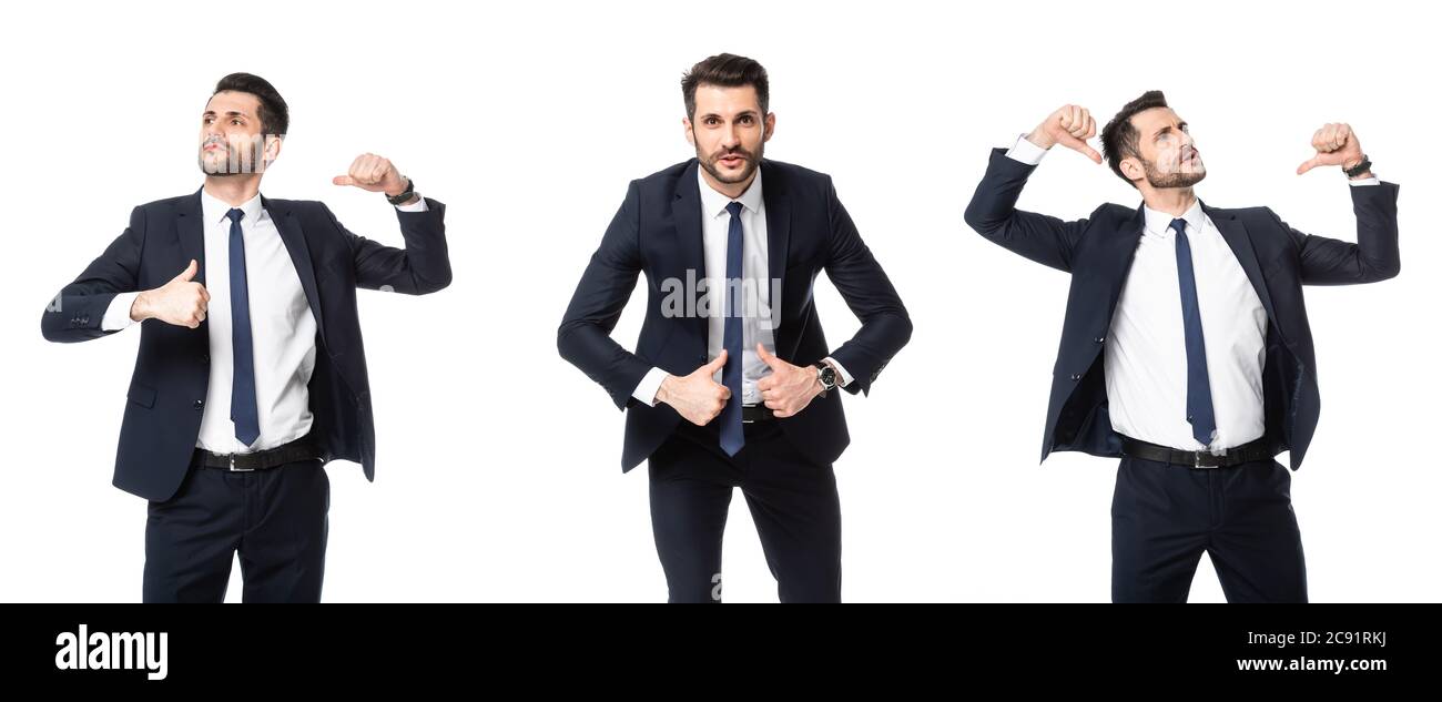 Collage von arroganten Geschäftsmann zeigt mit Daumen auf sich selbst isoliert auf weiß, Sexismus Konzept Stockfoto