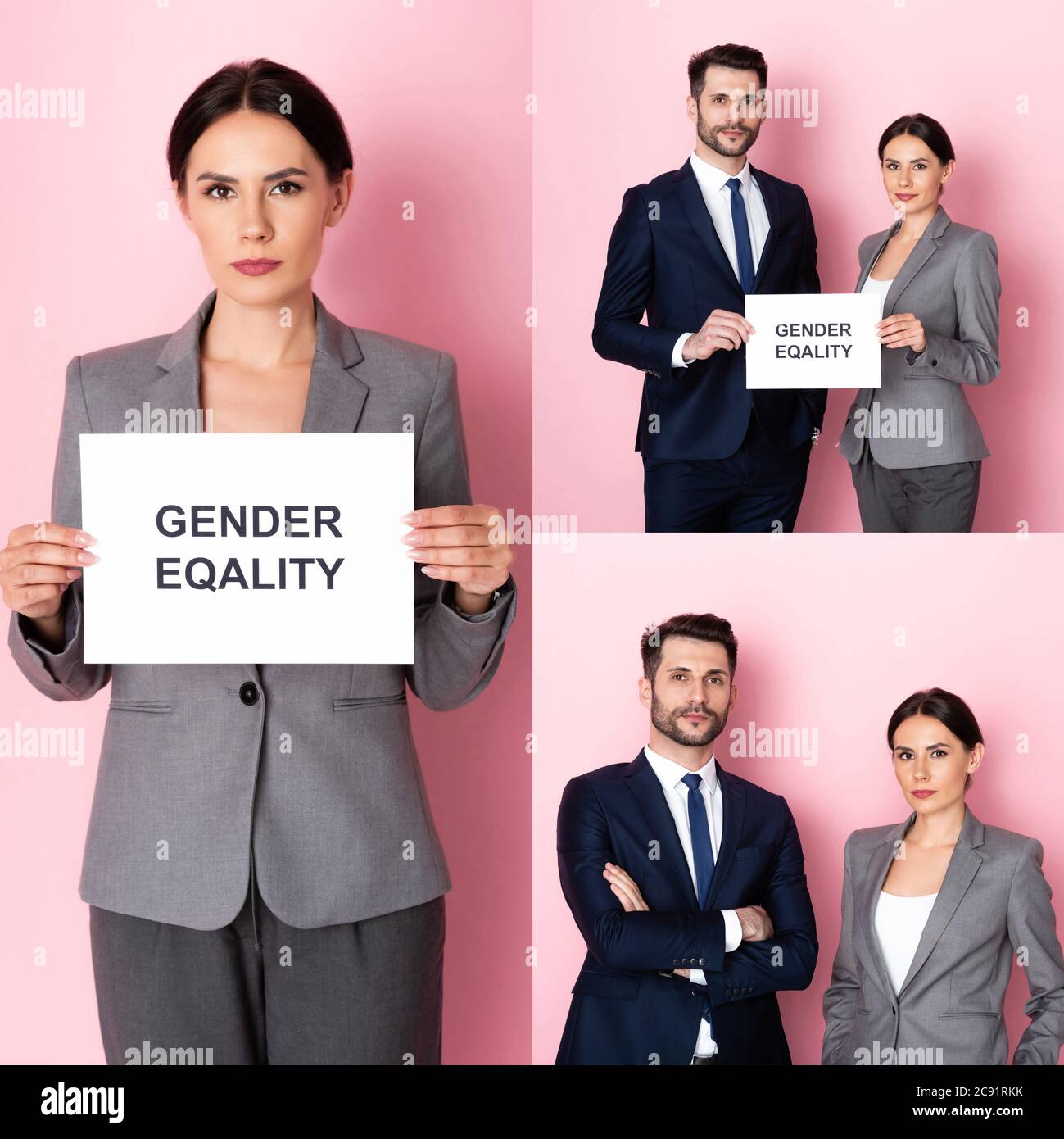 Collage aus Geschäftsmann und Geschäftsfrau mit Plakat mit Gleichstellungsschrift auf rosa Stockfoto