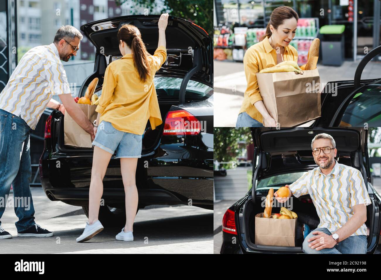 Collage aus lächelndem Paar, das Einkaufstasche mit Essen im Kofferraum auf der städtischen Straße einlegt Stockfoto