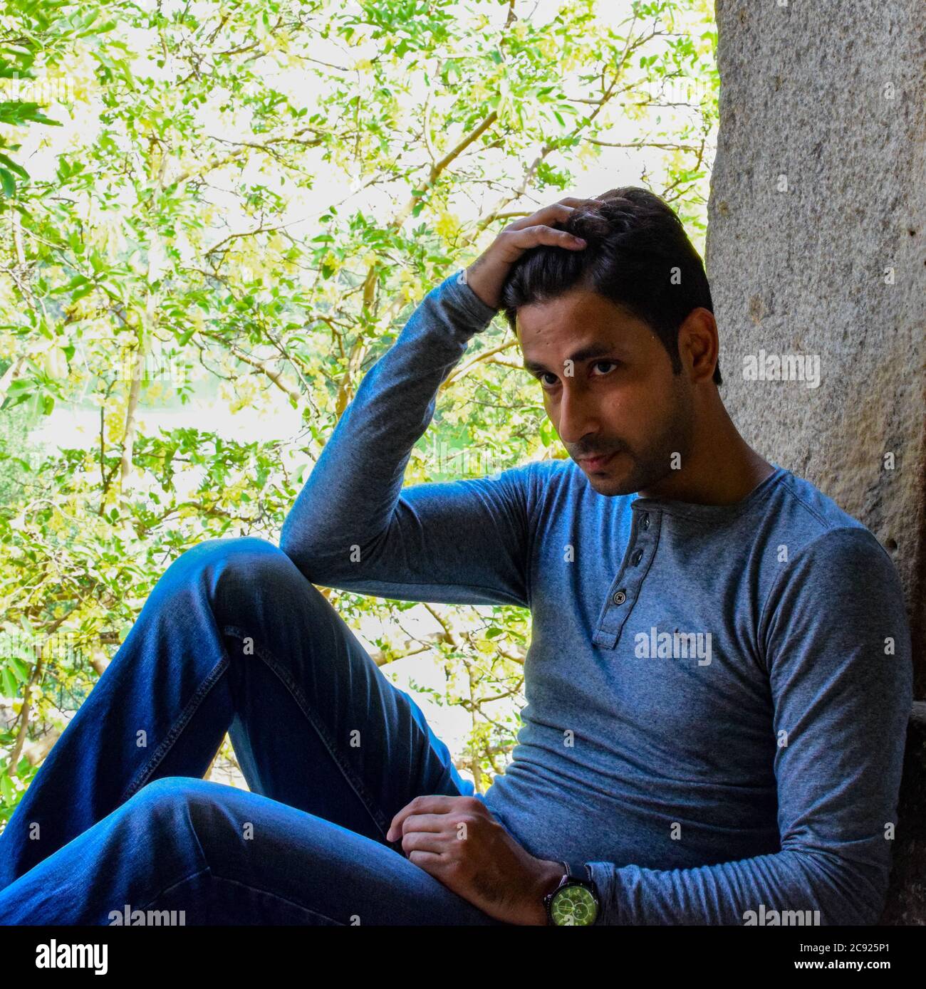 New Delhi India – March 3 2020 : man Portrait, smart casual man, confident handsome man inside Hauz Khas Village Delhi India, Male Indian Model outdoo Stockfoto