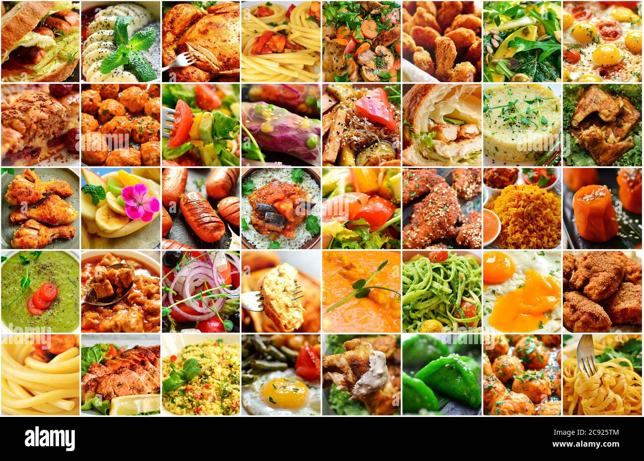 Collage aus natürlichen Lebensmitteln. Hintergrund für das Essen. Gemüse- und Fleischgerichte. Stockfoto
