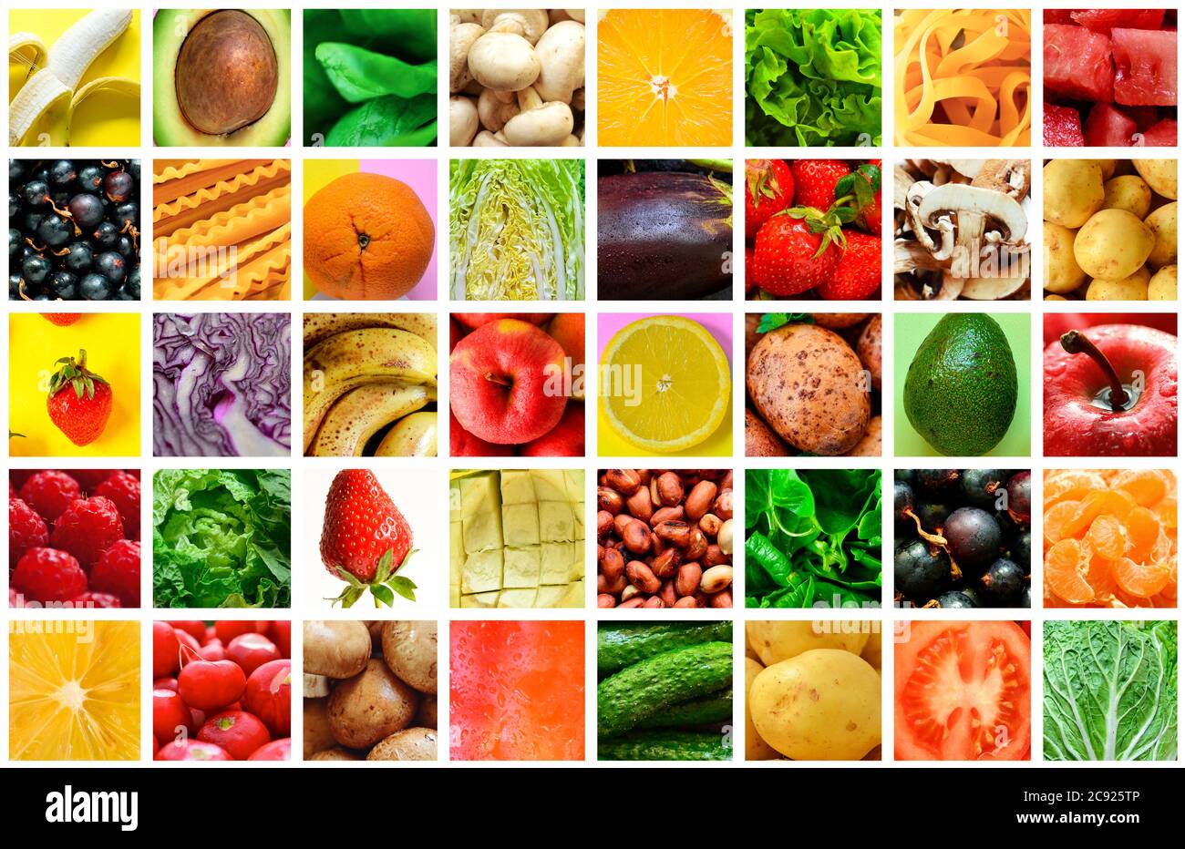 Collage aus natürlichen Lebensmitteln. Hintergrund von Obst, Gemüse und Beeren. Frisches Essen. Stockfoto
