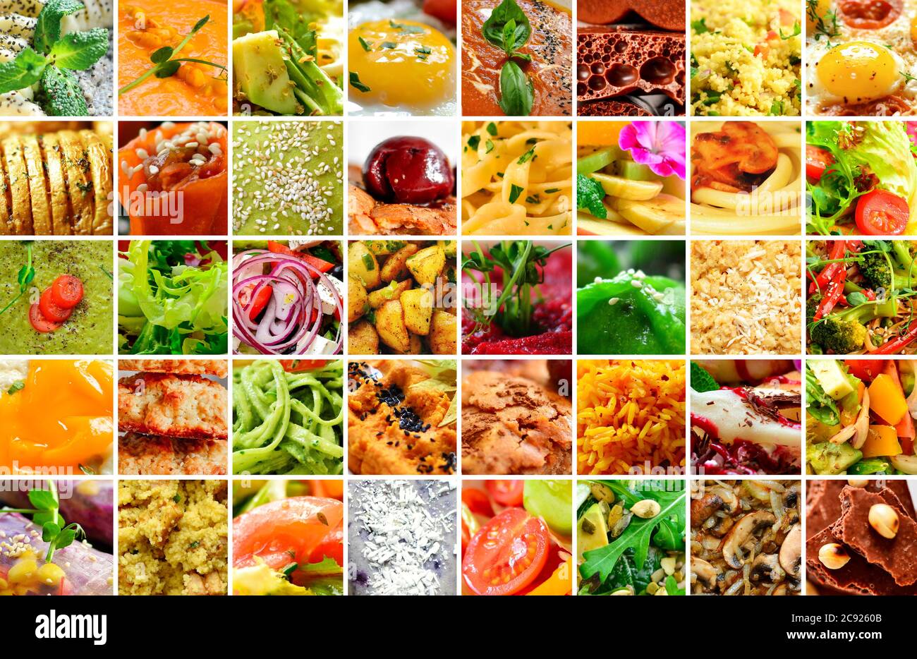 Collage aus natürlichen Lebensmitteln. Hintergrund für das Essen. Gemüsegerichte und Früchte aus nächster Nähe Stockfoto