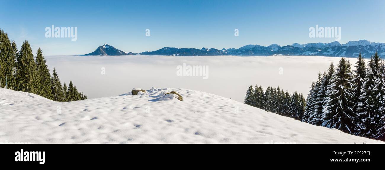 Erstaunlicher Winter Panoramablick auf verschneite Bergkette über Inversionsnebelwolken mit Waldbäumen. Sonniger Blick vom Oftersschwanger Horn nach Gruenten Stockfoto