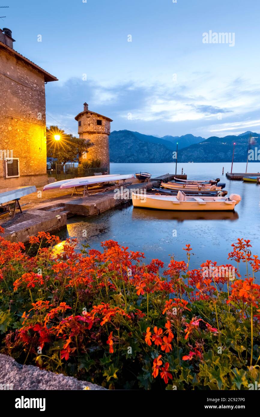 Boote liegen im malerischen Hafen von Cassone. Malcesine, Gardasee, Provinz Verona, Venetien, Italien, Europa. Stockfoto